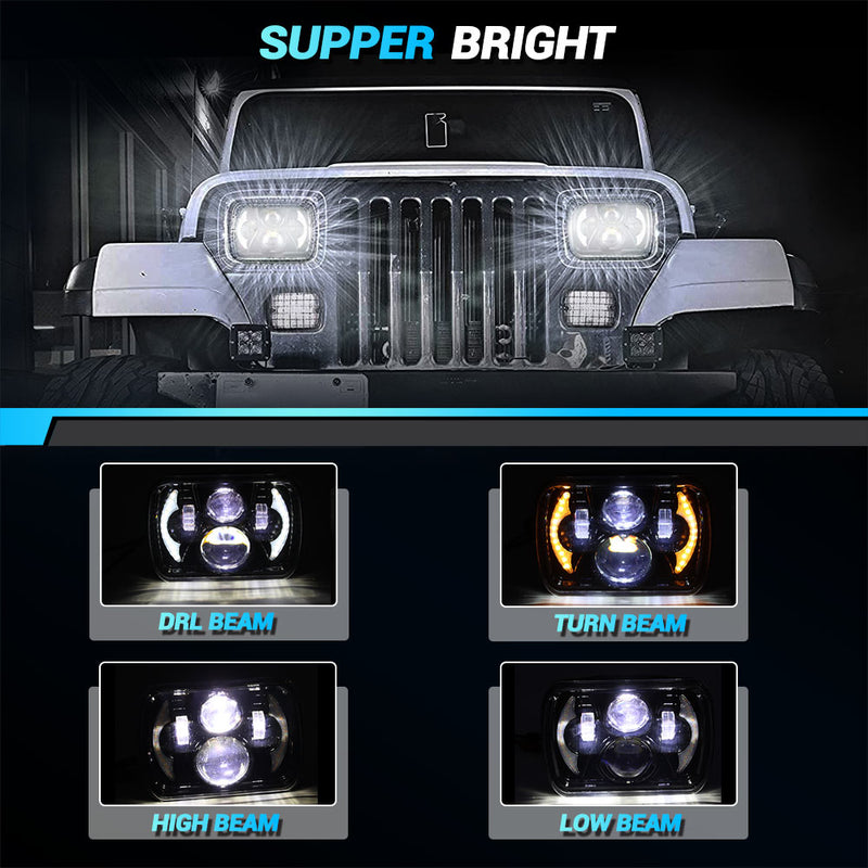 5x7 LED Headlight,JHLion Anti-glare H6054 5x7 7x6 Led Headlights,180W DOT Approved 600% Brighter w/DRL Amber Turn Signal Hi/Low Sealed Beam Compatible with Jeep Cherokee XJ Wrangler YJ GMC Comanche MJ