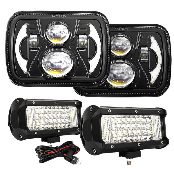 JHLion UltraBright Master Head-Work Kit Upgraded NEW 3000% 5x7 LED Headlights（Black）+ Work lights LED lights w/DRL Amber Turn Signal Hi/Low Sealed Beam Compatible with Cherokee XJ Wrangler YJ GMC Comanche MJ
