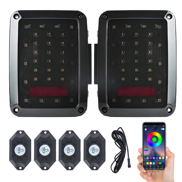 JHLion GlowMax Master Upgraded NEW 2000% JK Tail Lights (Smoke) + 4 Pods RGB LED Rock Lights LED lights for Wrangler JK JKU 2007-2018