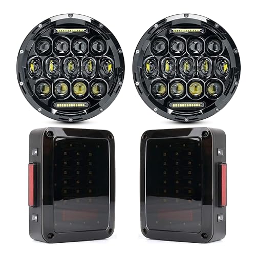 JHLion Upgraded NEW 2000% Bright Jeep wrangler headlights（Black）+JK Tail Lights (Smoke) LED lights for Jeep Wrangler JK/TJ/LJ 1997-2020(headlights),Jeep Wrangler JK JKU 2007-2018(taillights)
