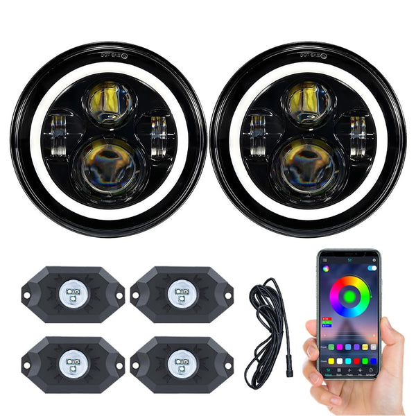 JHLion Upgraded NEW 2000% Bright Jeep wrangler headlights（Black）+ RGB Rock lights LED lights Compatible with 2007-2017 Jeep Wrangler 7 Inch Halo headlights JK JKU LJ TJ CJ