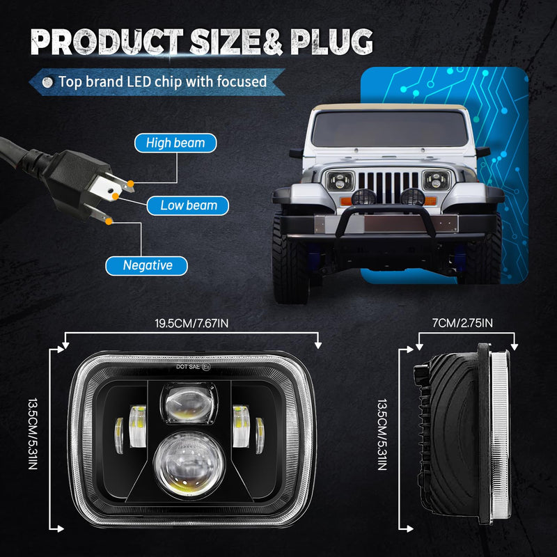 JHLion Upgraded NEW 1000% 5x7 LED Headlights LED lights w/DRL Amber Turn Signal Hi/Low Sealed Beam Compatible with Jeep Cherokee XJ Wrangler YJ GMC Comanche MJ