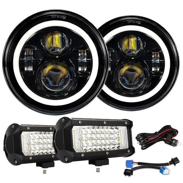 JHLion Upgraded NEW 3000% Bright Jeep wrangler headlights（Black）+ Work lights LED lights Compatible with 2007-2017 Jeep Wrangler 7 Inch Halo headlights JK JKU LJ TJ CJ