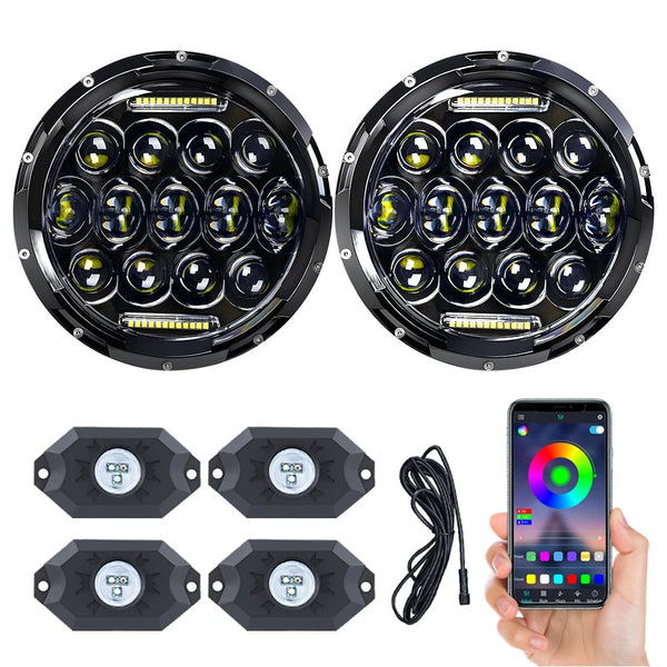 JHLion Upgraded NEW 2000% Jeep wrangler headlights（Black）+ RGB Rock lights LED lights for Jeep Wrangler JK/TJ/LJ 1997-2020