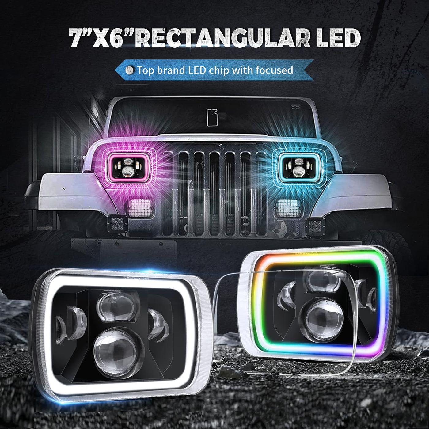 JHLion Upgraded NEW 1000% RGB 5x7 LED Headlights LED lights w/DRL Ambe