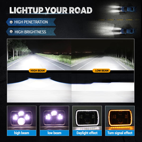 JHLion Upgraded NEW 1000% 5x7 LED Headlights LED lights w/DRL Amber Turn Signal Hi/Low Sealed Beam Compatible with Jeep Cherokee XJ Wrangler YJ GMC Comanche MJ