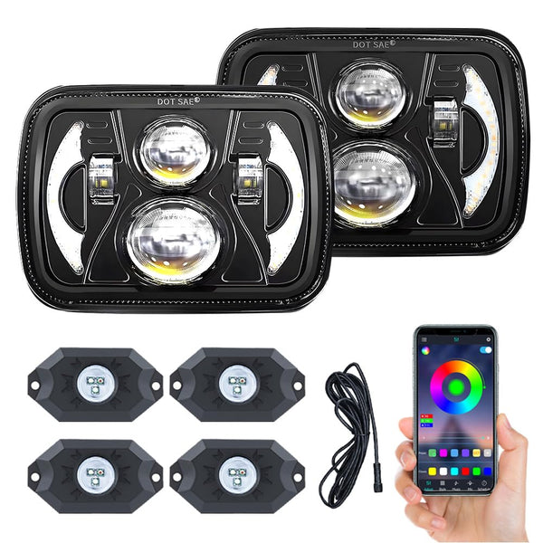 JHLion Upgraded NEW 2000% 5x7 LED Headlights（Black）+ Rock lights LED lights w/DRL Amber Turn Signal Hi/Low Sealed Beam Compatible with Jeep Cherokee XJ Wrangler YJ GMC Comanche MJ