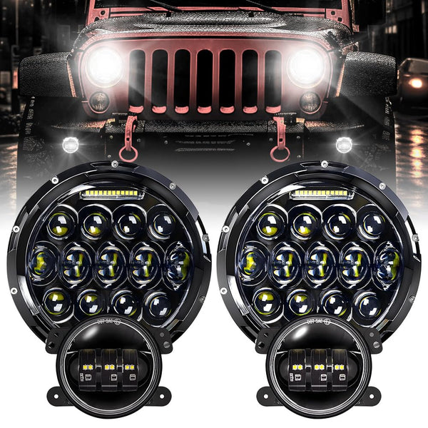 JHLion Upgraded NEW 2000% Jeep wrangler headlights（Black）+ Fog lights LED lights for Jeep Wrangler JK/TJ/LJ 1997-2020