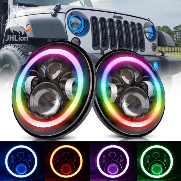2X 7'' 60W LED Headlight RGB Halo Projector Angel DRL for Jeep Wrangler JK TJ LJ