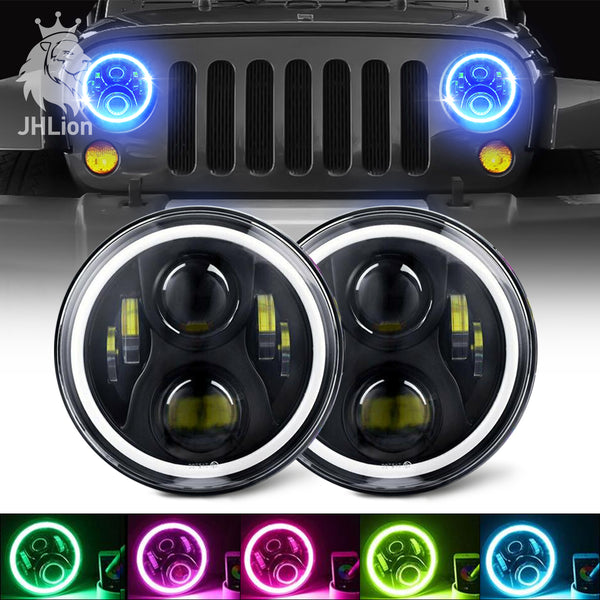 2X 7'' LED Headlight RGB Halo Projector Angel DRL for Jeep Wrangler JK TJ LJ
