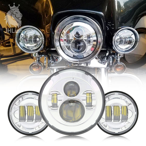 Motorcycle Chrome 7Inch LED Headlight 4.5" LED Fog Passing Lights Lamps Sets
