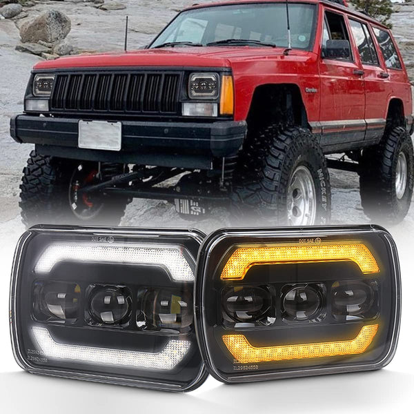5x7 led headlights,7x6 led headlights, DOT Approved Jeep Cherokee XJ Wrangler YJ GMC Toyota, Turn Signal DRL Hi/Low Seal Beam Replace H6054 H5054 Headlight 2PCS (Black)