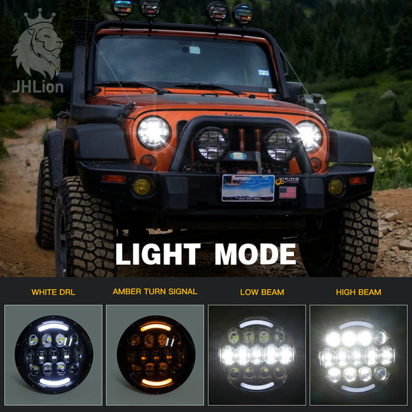 105W Brightest OSRAM 7'' Inch Round Black Led Headlights with White/amber Turn Signal DRL for Jeep Wrangler JK/TJ and Hummer with H4&H13 Adapter(Black Pair)