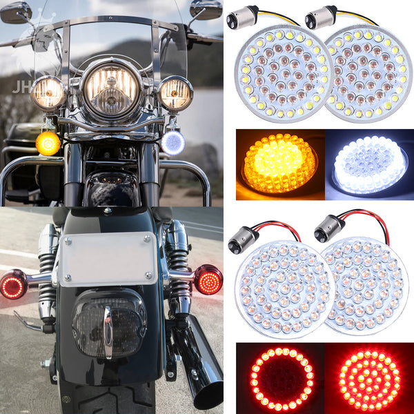 2 Inch LED Turn Signal Kit 1157 Base White/Amber Front Turn Signal Bulbs + 1157 Double Connector Red Rear Turn Signal Lights Compatible with Harley Street Glide Motorcycle