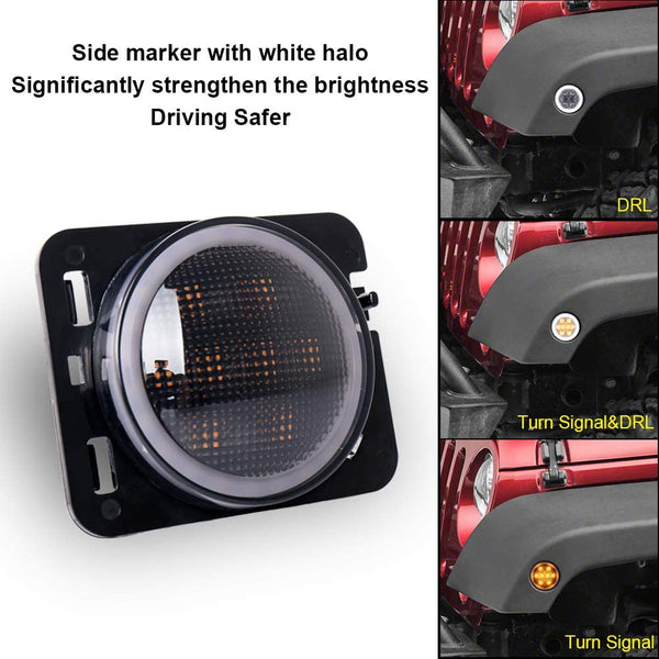 Smoke Lens Yellow LED Front Replacement Turn Signal Light & Fender Side Marker Light Assembly for 2014-2018 Jeep Wrangler JK JKU