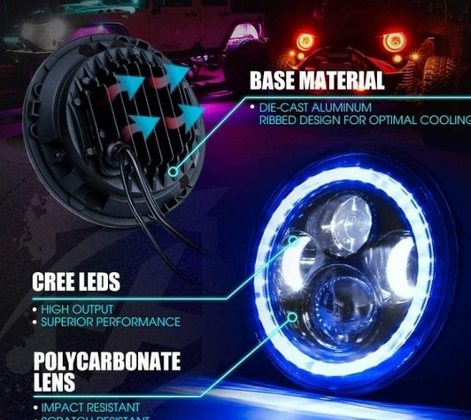7inch Round LED Headlights Blue Halo Ring Angel Eyes For Jeep Wrangler JK TJ LJ CJ