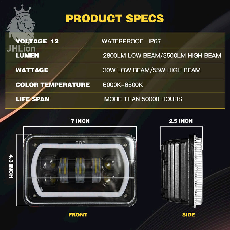 4X6 Inch LED Headlamp Square White Halo DRL Yellow Turn Signal For Truck Offrord
