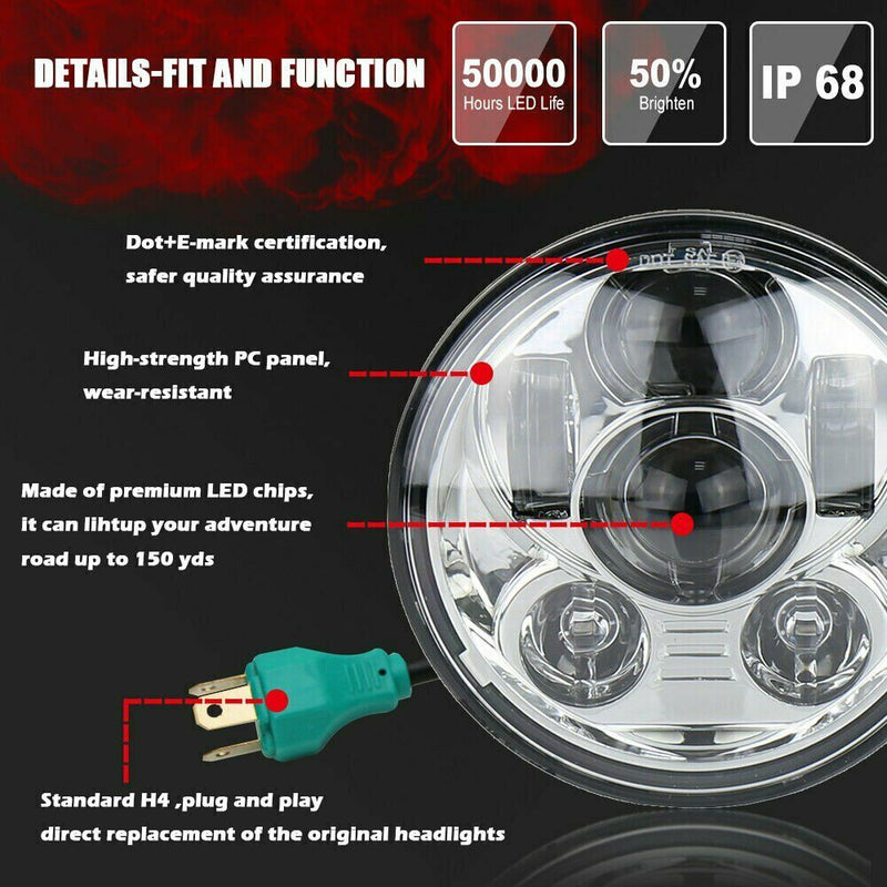 5-3/4 5.75 Inch LED Headlight for Harley Davidson 883 Sportster Triple Low Rider Wide Glide Headlamp Projector Driving Light (Chrome)