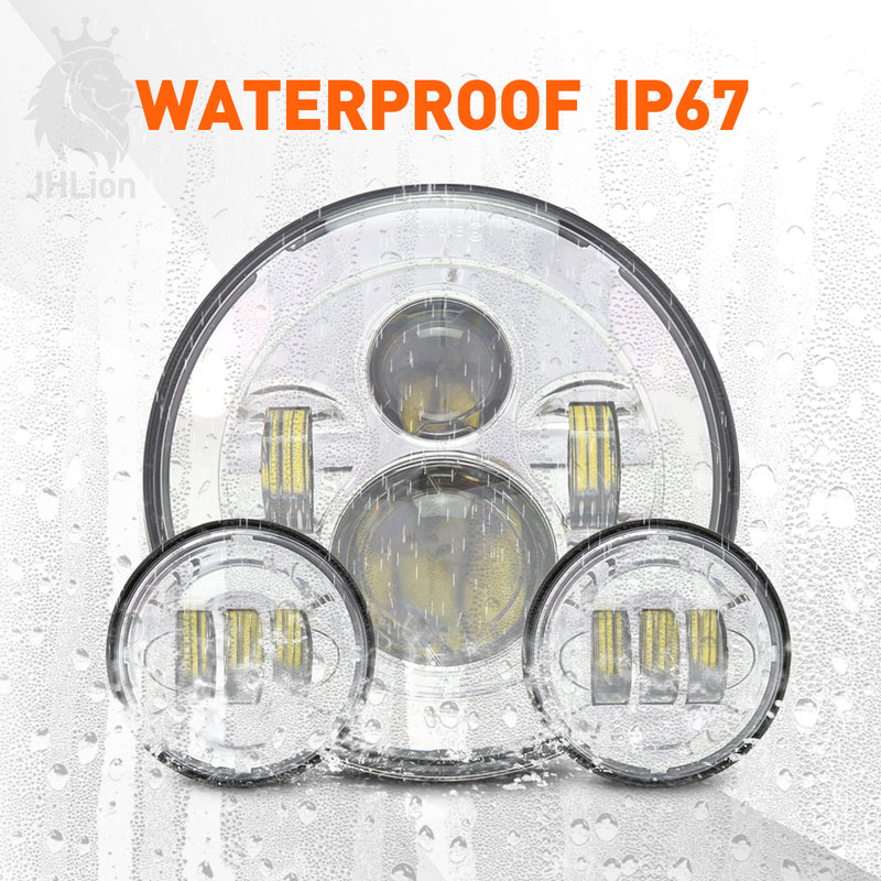 Motorcycle Chrome 7Inch LED Headlight 4.5" LED Fog Passing Lights Lamps Sets