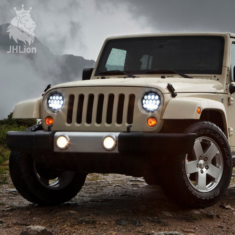 LED Headlight for Wrangler 7" 75W Round LED Headlamp with Daytime Running Light DRL High Low Beam compatible with Wrangler JK TJ LJ Motorcycle with H4 H13 Adapter,2PCS